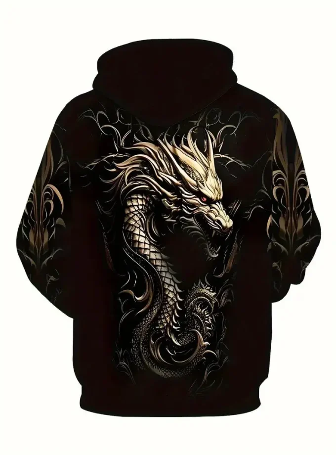Men's Oversized Dragon Graphic Pullover Hooded Sweatshirt High Quality Soft Breathable Crocheted Print Design Winter Fall Season