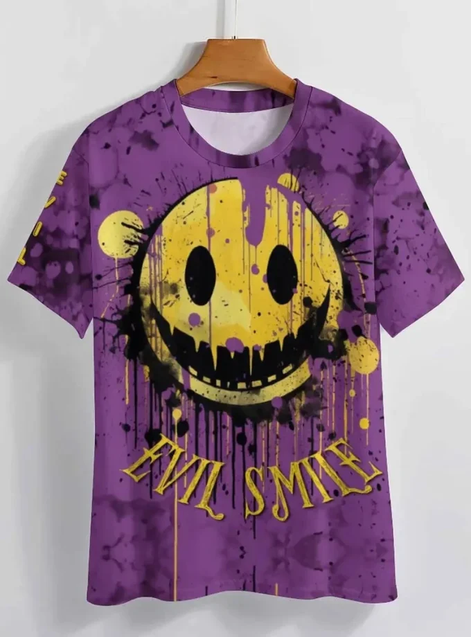 Men's Casual 3D printed Graffiti Smile Graphic T-Shirt Stretch Breathable V-Neck Tee with Short Sleeves for Outdoor Use