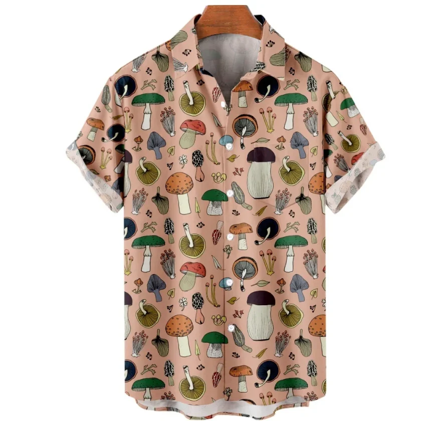Men's Linen Button down Shirt Oversize Casual Mushroom Pattern Crocheted Fashion Breathable-Digital Printing