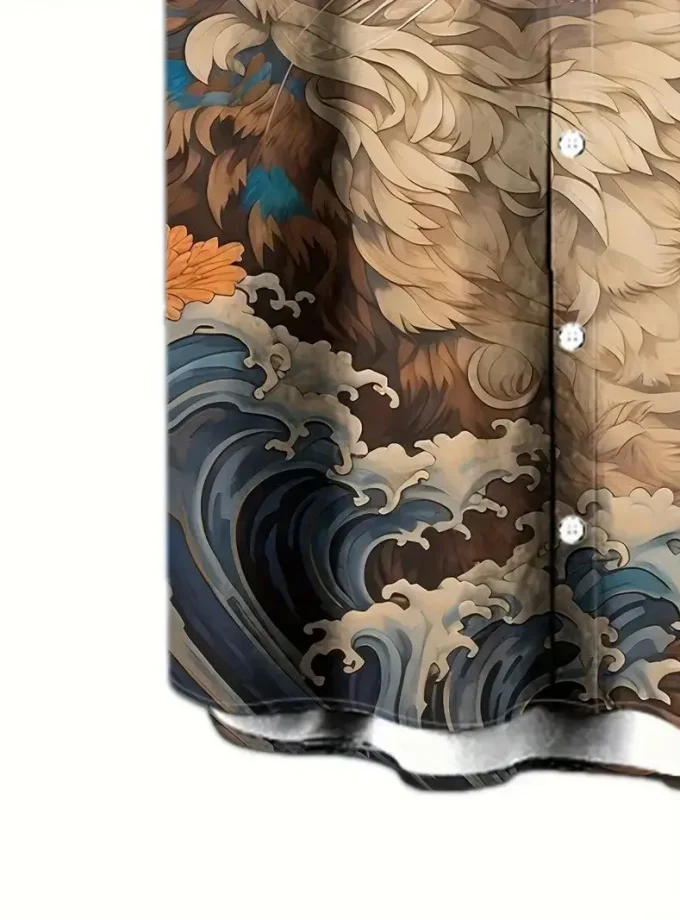 Men's Casual polyester Short Sleeve Lapel Shirt 3D Cat Pattern Printed Button up for Daily Use or Vacation at Beach Resorts