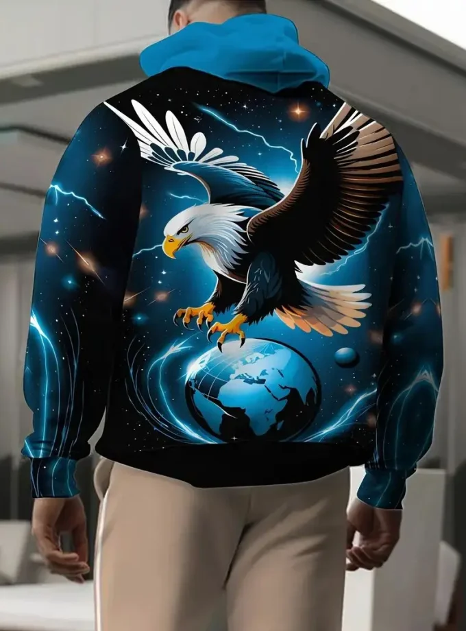Men's Plus Size Casual Hooded Sweatshirt 3D Printed Novelty Eagle Graphic Pullover Polyester Fabric Kangaroo Pocket Long Slight