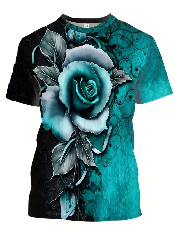 Men's 3D Digital Rose Pattern Short Sleeve T-Shirt Breathable Stylish Polyester Top Crew Neck Weekend Casual Summer Wear-Regular