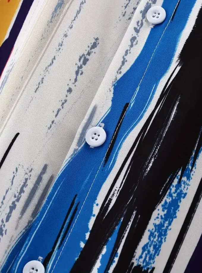 Men's Casual Short Sleeve Button Lapel Summer Shirt Multi-Color Floral Vertical Stripe Crocheted Breathable Fashion Holiday