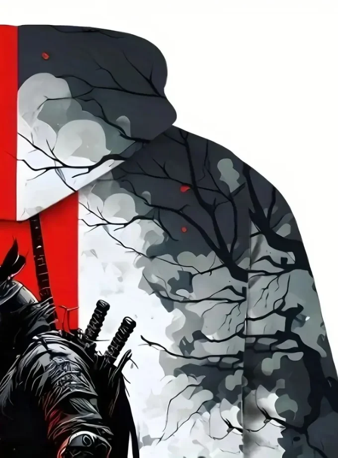 Men's Samurai-Inspired Hoodie With Kangaroo Pocket - Long Sleeve, Polyester, Street Style Pullover Sweatshirt