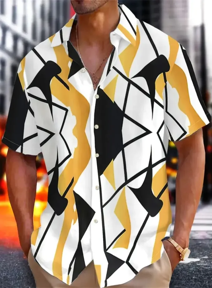 Men's Casual Short Sleeve Button-Up Shirt Unique Floral Geometric Print XL Size Breathable for Summer Outings Casual Attire