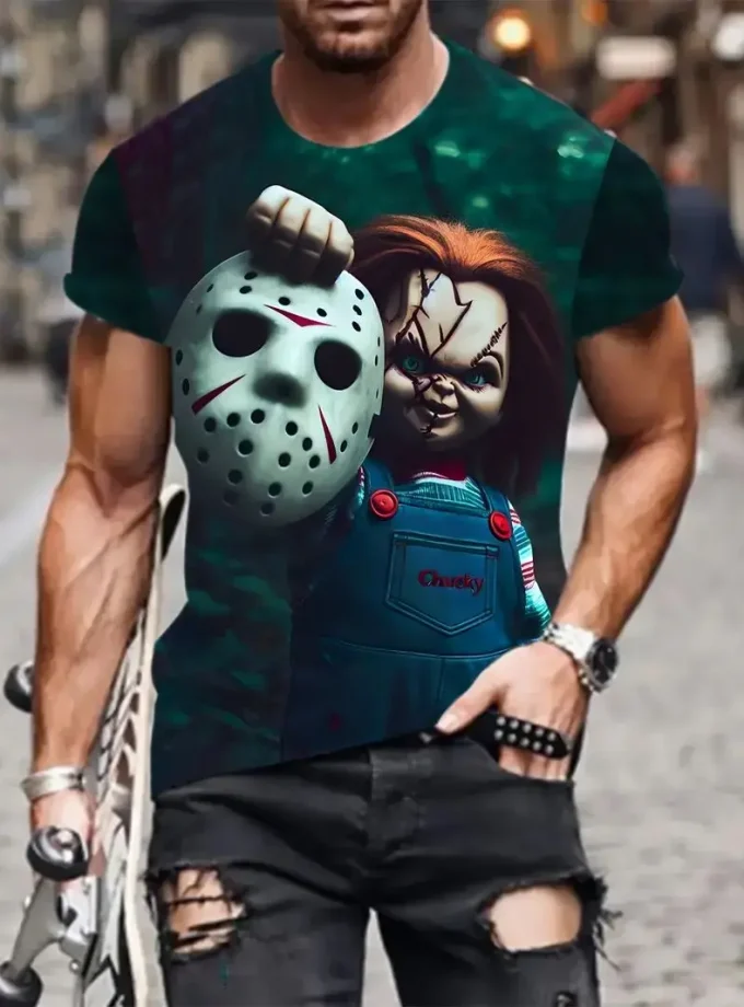 Men's Casual Halloween Style T-Shirt with 3D Printed Horror Doll and Mask Design Short Sleeve O-Neck Digital Printing Method