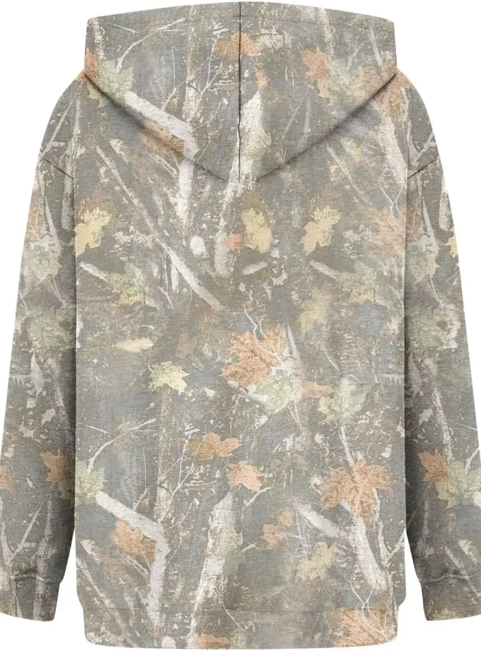 Men's Oversized Camo Hooded Pullover Sweatshirt Maple Leaf Pocket Solid Digital Technique Classic Puff Winter Season XS Size