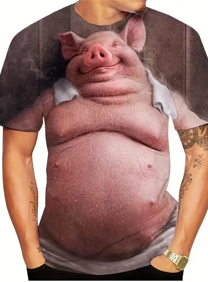 Men's Casual Summer Tops Funny Pig 3D All Print Realistic Graphic T Shirt Short Sleeve Novelty Tees Knitted Neck