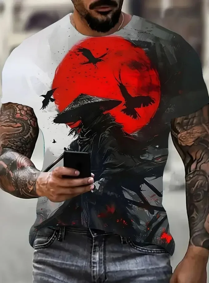 Men's Casual Summer 3D Graphic Samurai Warrior Print T-Shirt Crew Neck Short Sleeve Soft Breathable Comfortable Daily Wear