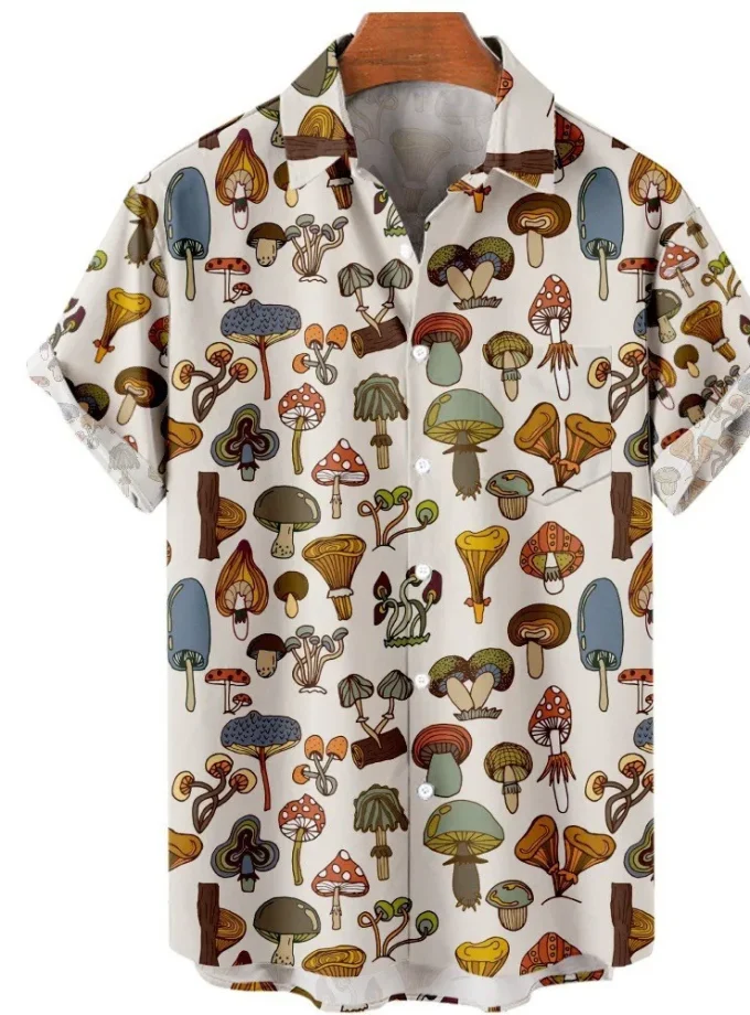 Men's Linen Button down Shirt Oversize Casual Mushroom Pattern Crocheted Fashion Breathable-Digital Printing