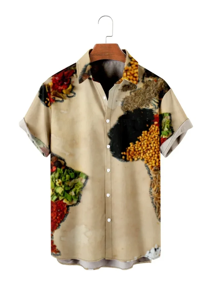 Men's Button-Down Casual T-Shirt with 3D Digital Print Africa Map Breathable High Quality O-Neck Shirt