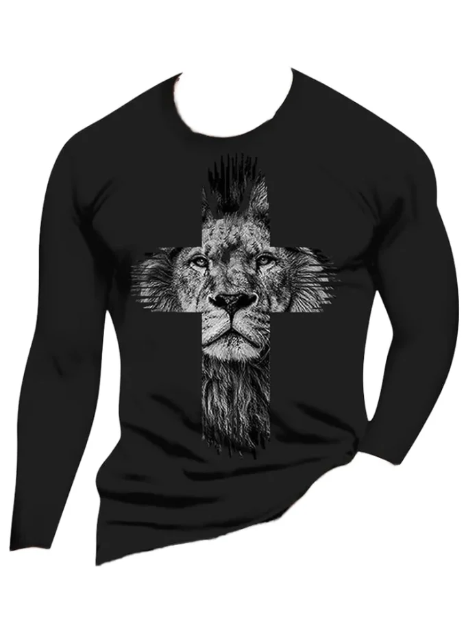 Men's Casual Fashion Vintage 3D Lion Printed Jersey Top Long Sleeve Tshirts with Funny Graphic Hip Hop Streetwear Tees