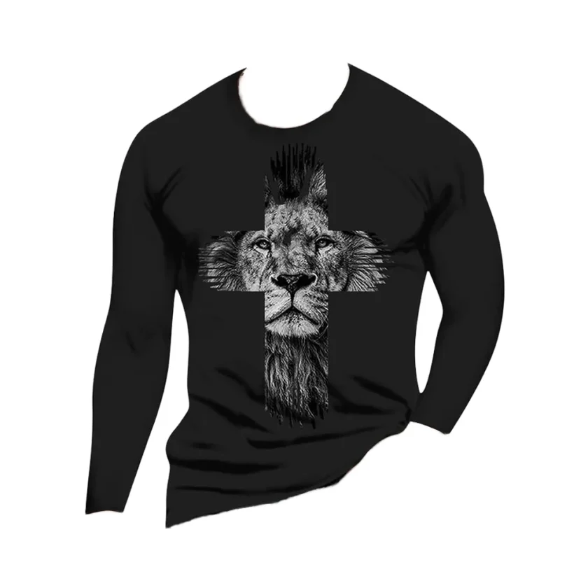 Men's Casual Fashion Vintage 3D Lion Printed Jersey Top Long Sleeve Tshirts with Funny Graphic Hip Hop Streetwear Tees - Image 2