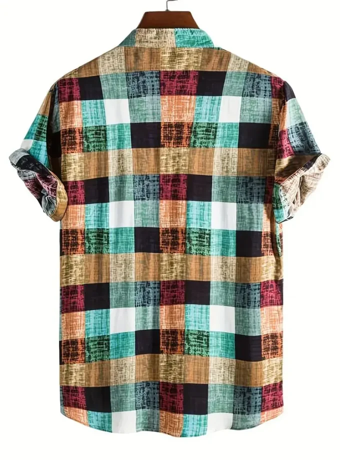 Men's Casual Plaid Shirt Short-Sleeve Cotton Top with Turn-Down Collar Breathable Sustainable Daily Wear Vacation Streetstyle