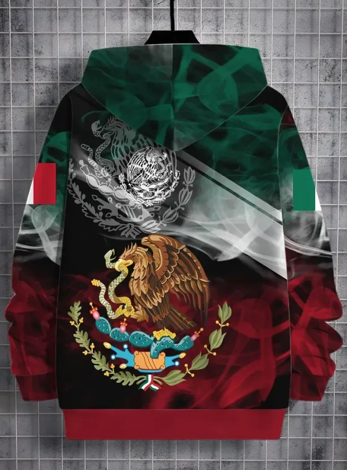 Men's Oversized Eagle Graphic Print Hoodie Casual Long Sleeve Sweatshirt Embossed Zipper Winter Heavyweight Outdoor Wear-XL