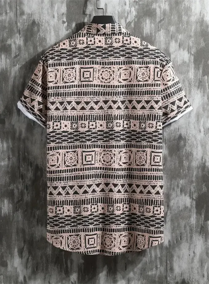 Men's Ethnic Floral Geometric Pattern Print Casual Button Shirt Short Sleeve Lapel Top for Summer Daily Wear Vacation Resorts