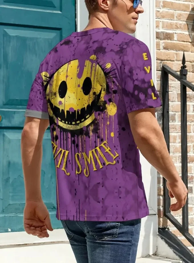 Men's Casual 3D printed Graffiti Smile Graphic T-Shirt Stretch Breathable V-Neck Tee with Short Sleeves for Outdoor Use