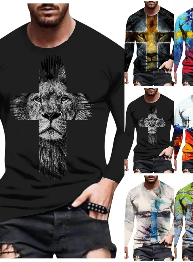 Men's Casual Fashion Vintage 3D Lion Printed Jersey Top Long Sleeve Tshirts with Funny Graphic Hip Hop Streetwear Tees