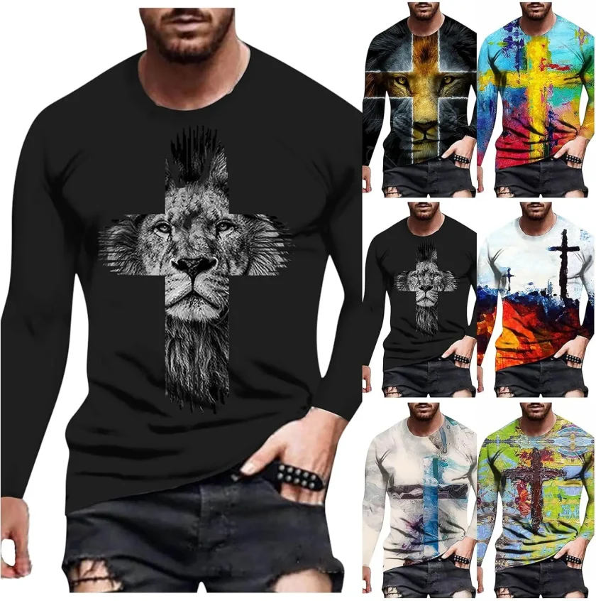 Men's Casual Fashion Vintage 3D Lion Printed Jersey Top Long Sleeve Tshirts with Funny Graphic Hip Hop Streetwear Tees - Image 3