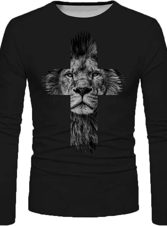 Men's Casual Fashion Vintage 3D Lion Printed Jersey Top Long Sleeve Tshirts with Funny Graphic Hip Hop Streetwear Tees