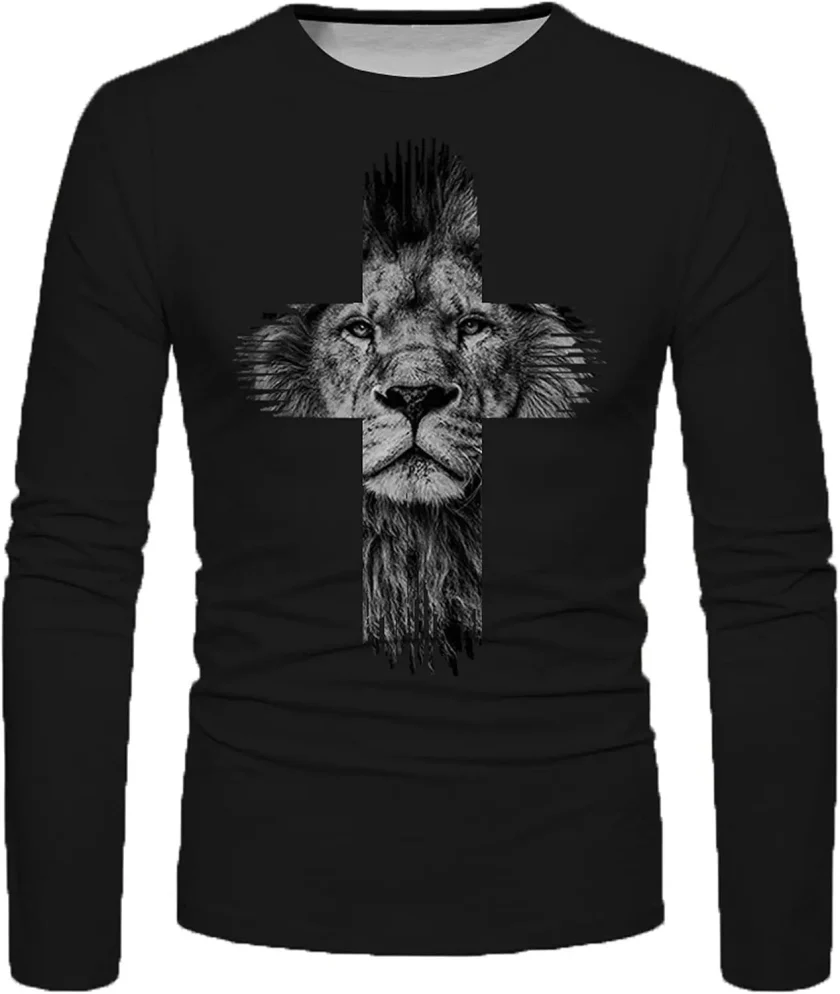 Men's Casual Fashion Vintage 3D Lion Printed Jersey Top Long Sleeve Tshirts with Funny Graphic Hip Hop Streetwear Tees - Image 5