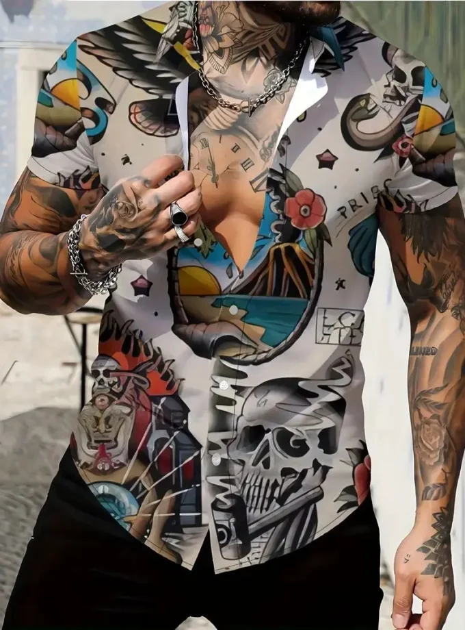Men's Retro 3D Skull Floral Pattern Print Casual Button Top XL Size Short Sleeve Lapel Shirt Summer Daily Wear Vacation Resorts