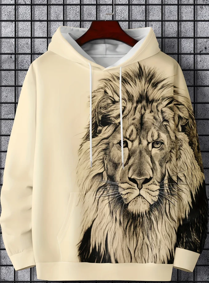 Men's Lion Graphic Fleece Fabric Long Sleeves Printed Pullover Hoodies with Pocket