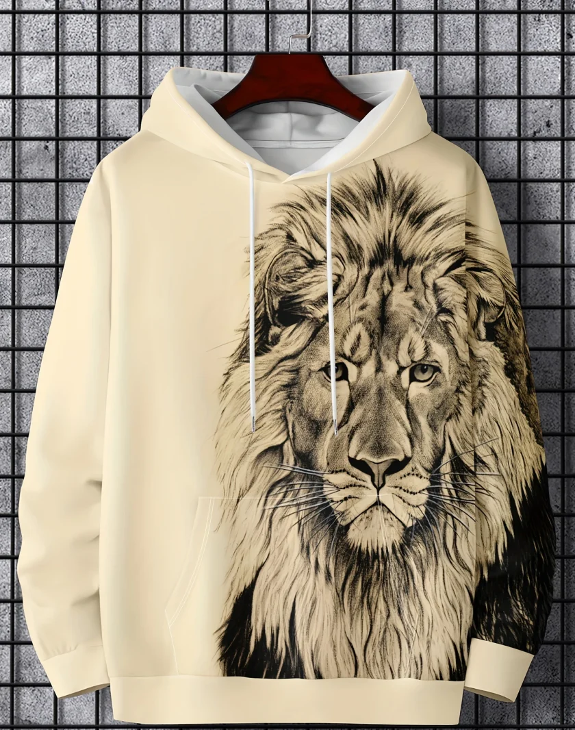 Men's Lion Graphic Fleece Fabric Long Sleeves Printed Pullover Hoodies with Pocket - Image 2
