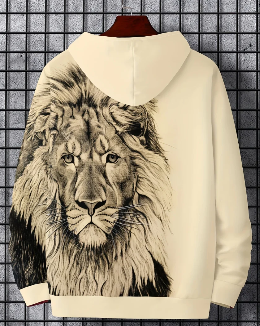 Men's Lion Graphic Fleece Fabric Long Sleeves Printed Pullover Hoodies with Pocket - Image 3