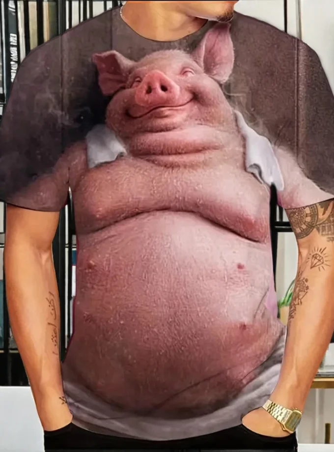 Men's Casual Summer Tops Funny Pig 3D All Print Realistic Graphic T Shirt Short Sleeve Novelty Tees Knitted Neck