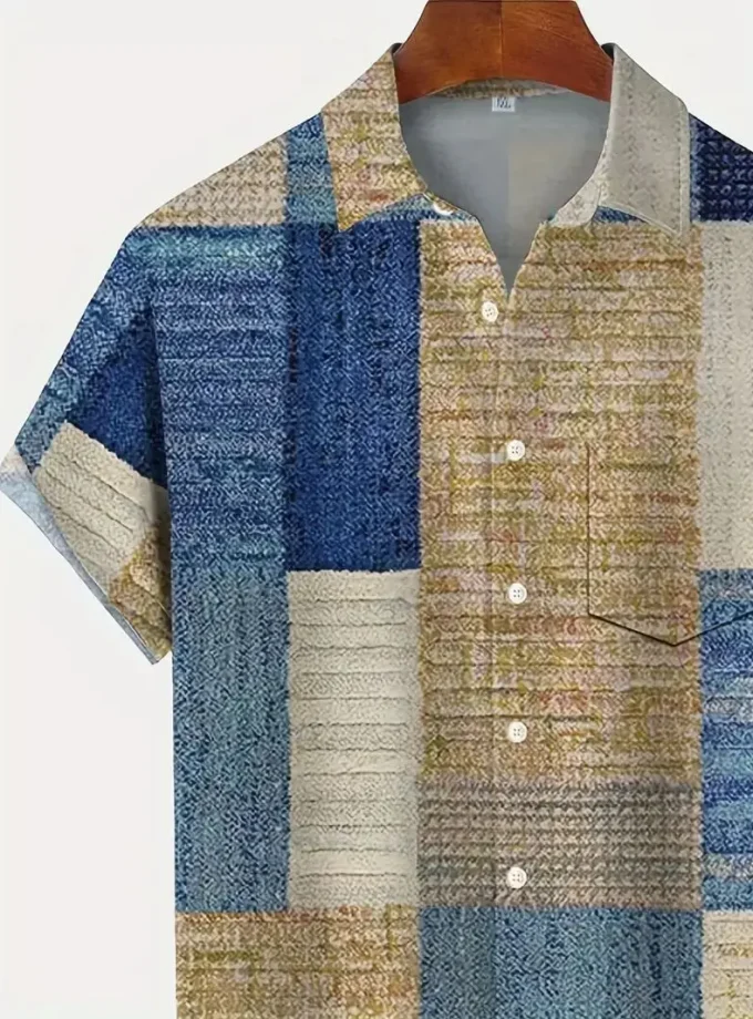 Men's Retro Carpet Texture Geometric Pattern Hawaiian Shirt Breathable Summer Casual Short Sleeve Lapel