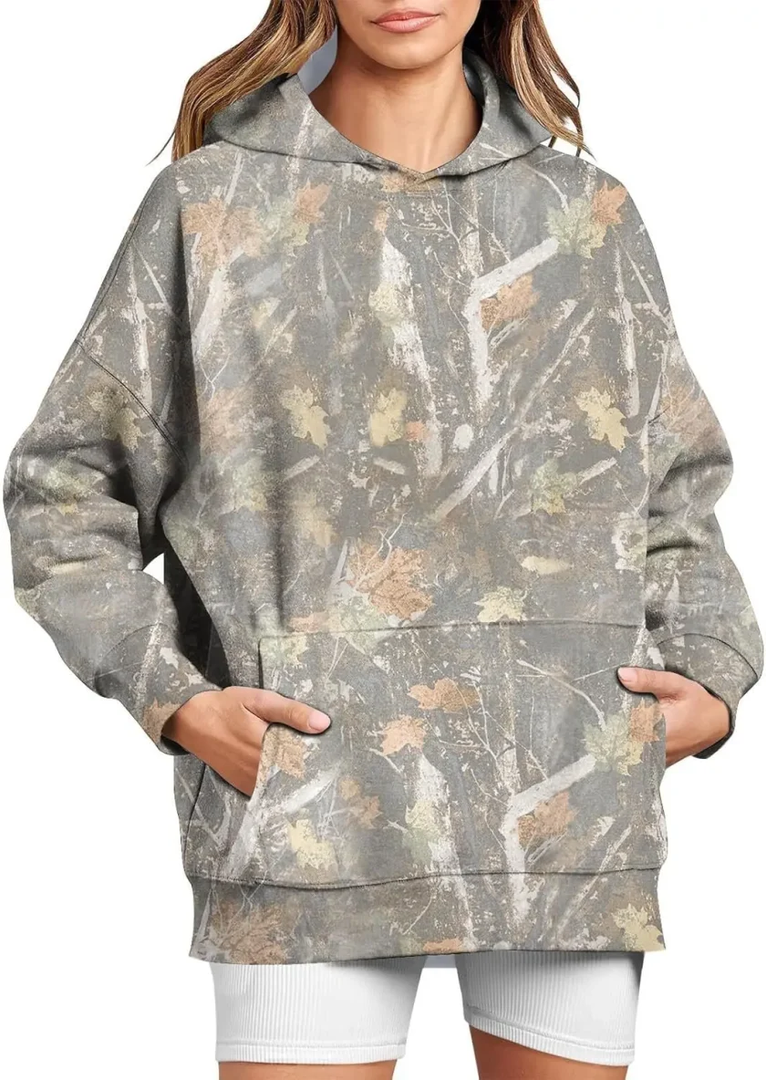 Men's Oversized Camo Hooded Pullover Sweatshirt Maple Leaf Pocket Solid Digital Technique Classic Puff Winter Season XS Size - Image 2