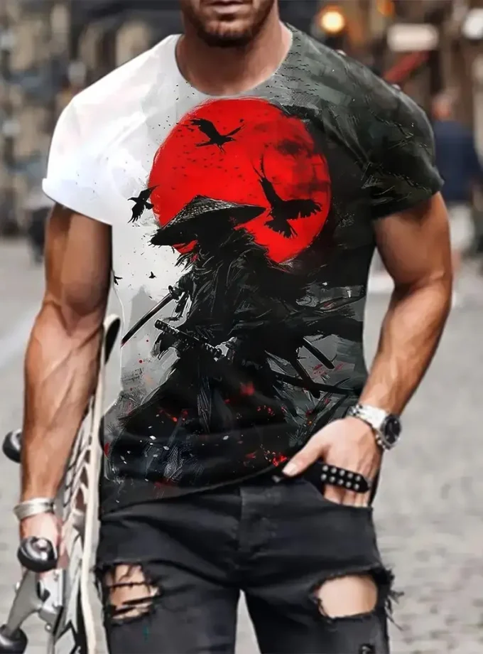 Men's Casual Summer 3D Graphic Samurai Warrior Print T-Shirt Crew Neck Short Sleeve Soft Breathable Comfortable Daily Wear