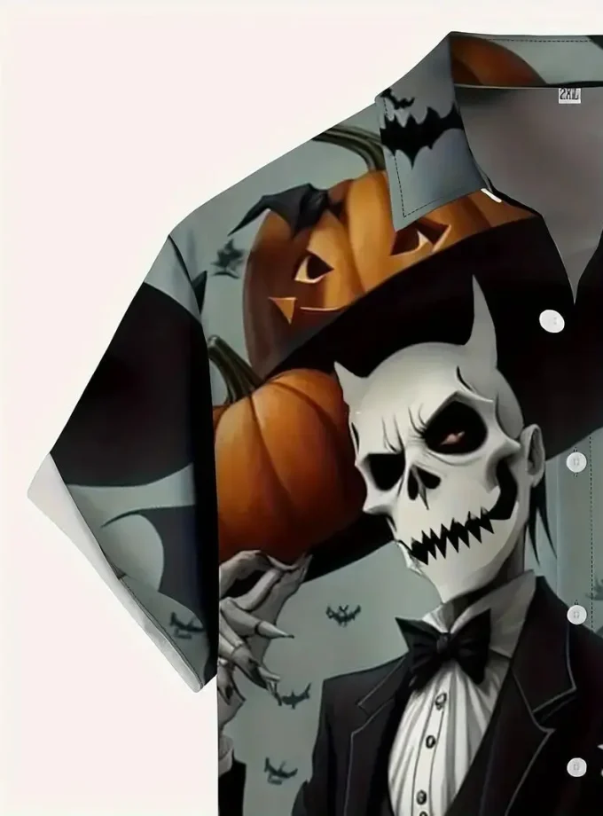 Men's Plus Size Casual Short Sleeve Button-Up Collar Shirt 3D Skull Print Crocheted Breathable Polyester Halloween shirt