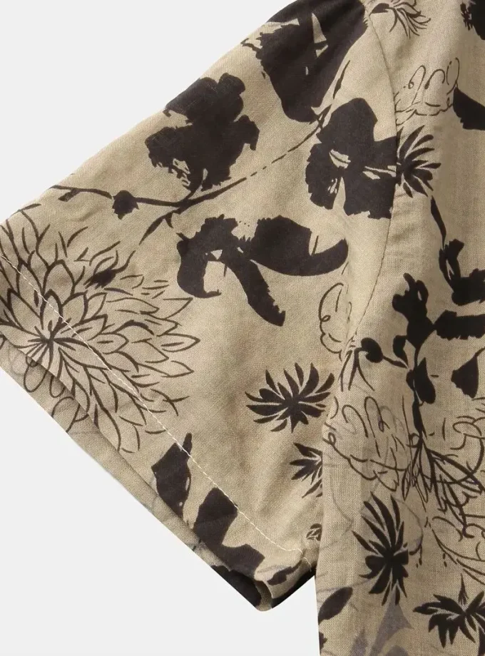 Men's Casual Summer Cotton Shirt Short Sleeve with Leaf and Flower Graphic Breathable and Sustainable Crocheted Male Clothing