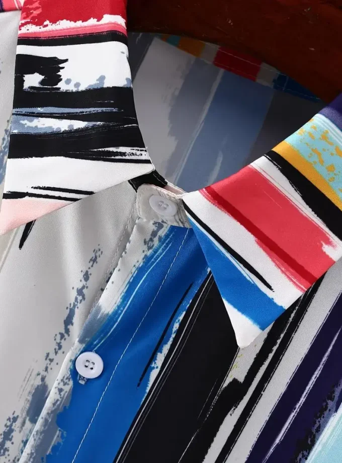 Men's Casual Short Sleeve Button Lapel Summer Shirt Multi-Color Floral Vertical Stripe Crocheted Breathable Fashion Holiday