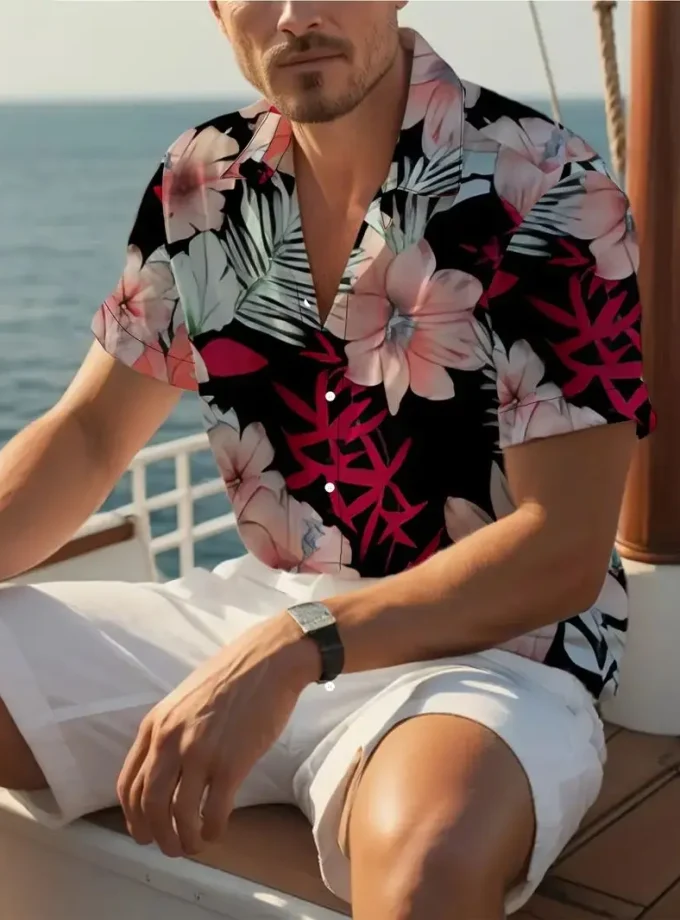 Men's Floral Print Short Sleeve polyester Shirt Fashionable Trendy Summer Resort Wear for Daily Style Breathable Vacation Shirts