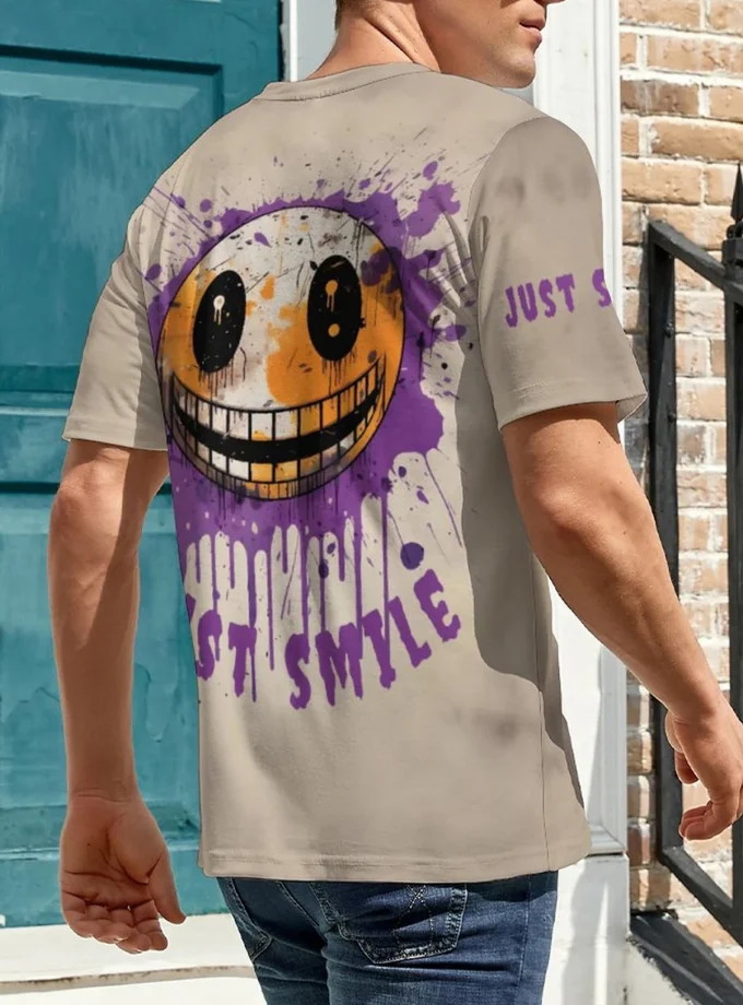 Men's Casual 3-D Graffiti Smile Graphic T-Shirt Breathable Short Sleeve Digital Print Plus Size Shirts