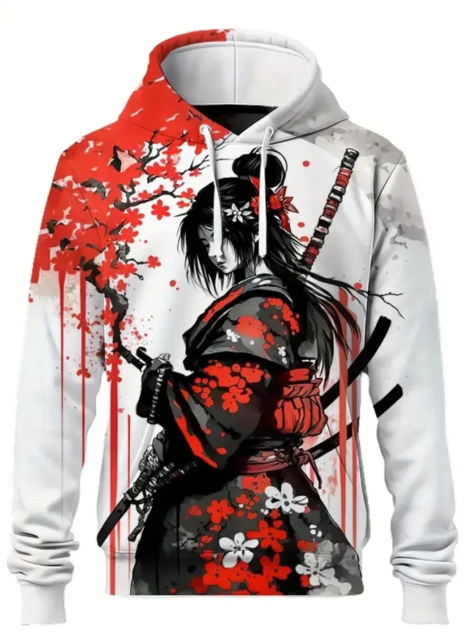 Men's Japanese Samurai Cherry Blossom Kimono-Style Hoodie Ink Print Design 100% Polyester Sports Sweatshirt Pocket Regular Fit
