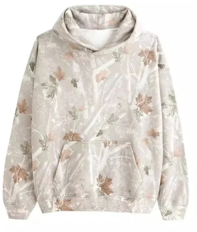 Men's Puffer Long Sleeve Hoodie 3-D Printed Maple Leaf Camouflage Loose Knitted Pullover Coat