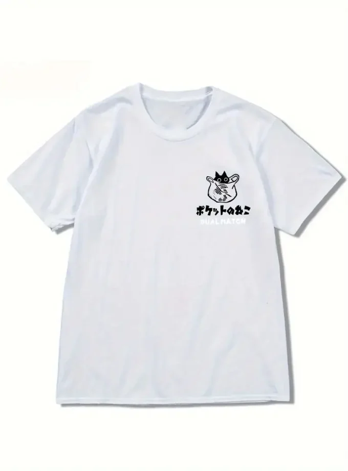 Men's Casual Short Sleeve Cotton Blend with Japan Style Black Cat Photo Print Crew Neck Tee for Outdoor Activities T-shirt