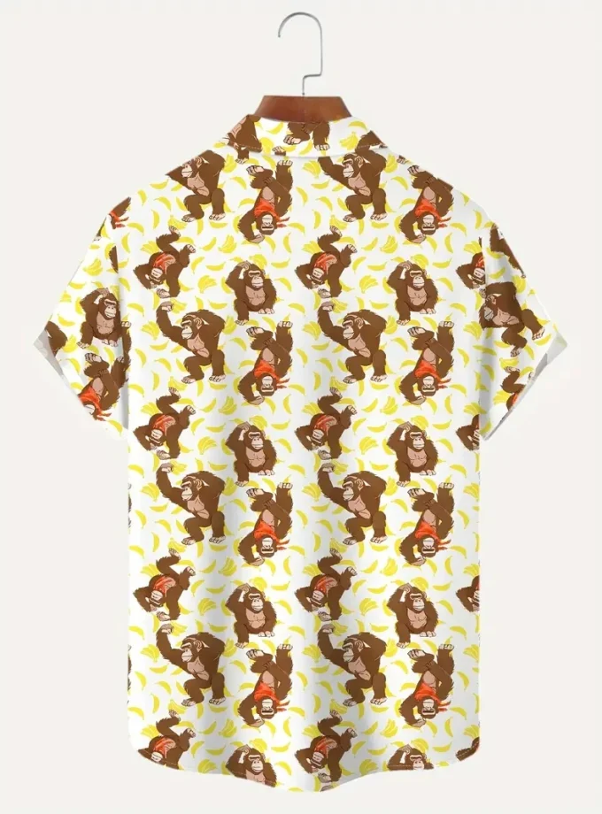 Men's Casual Short Sleeve Hawaiian Shirt with Monkey Print Breathable Lapel Button up for Summer Outdoor Activities