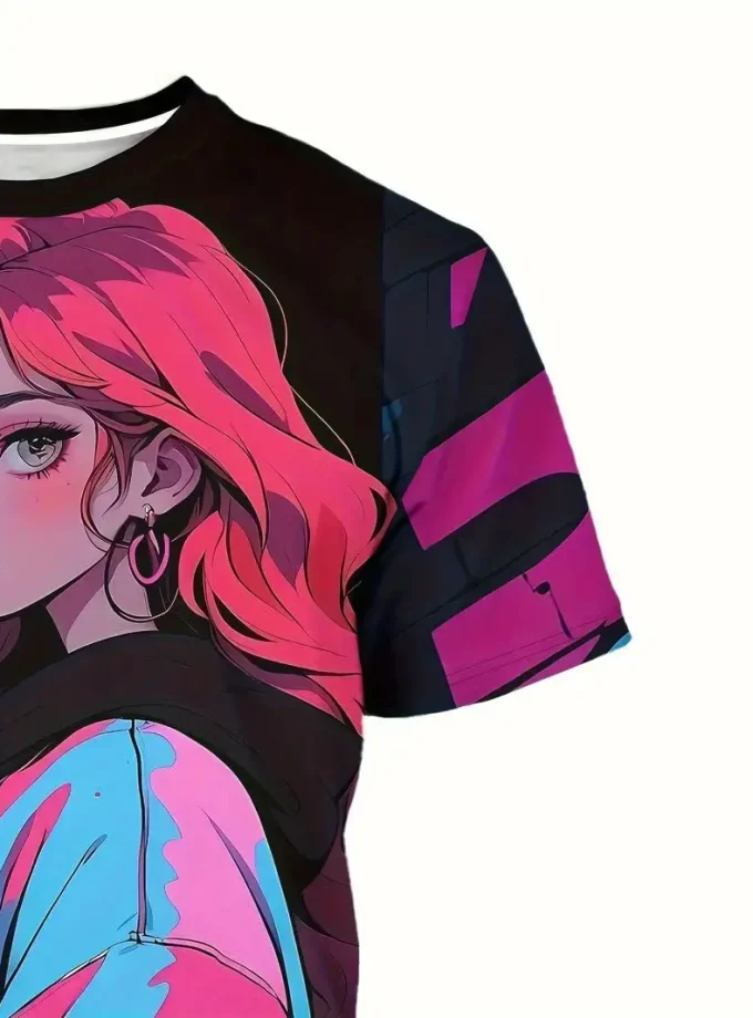 Men's Casual Summer T-Shirt 3D Printed Cool Wave Anime Girl Graphic Short Sleeve Polyester Knit Fabric Regular Fit Men's Fashion