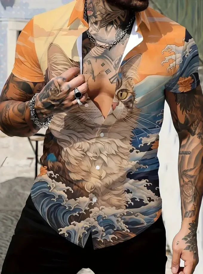 Men's Casual polyester Short Sleeve Lapel Shirt 3D Cat Pattern Printed Button up for Daily Use or Vacation at Beach Resorts