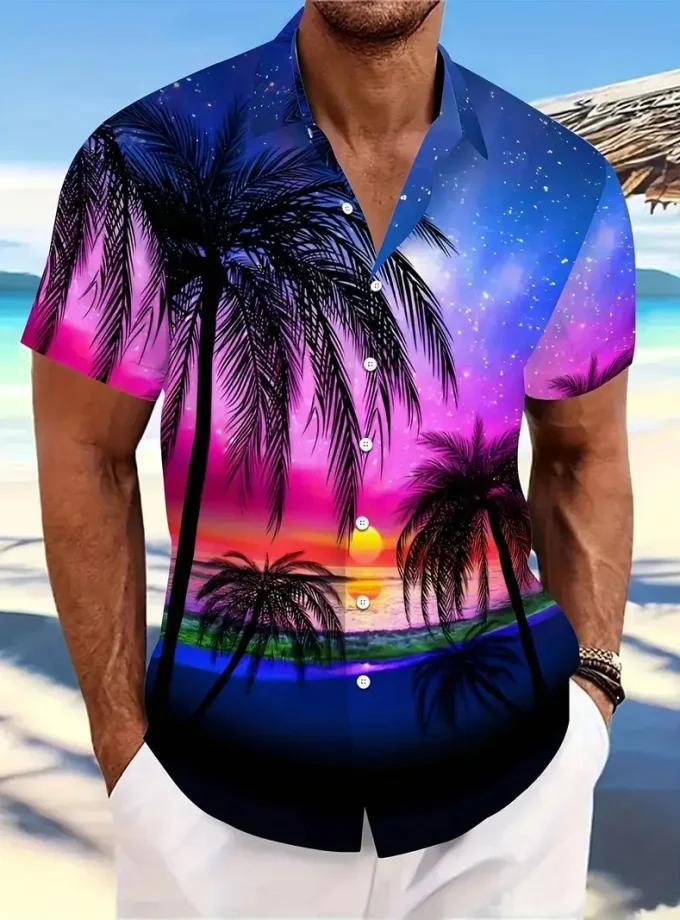 Men's Casual Summer Button-Down Shirt 3D Sunset Beach Floral Print Breathable Sustainable Short Sleeve Lapel Design for Vacation