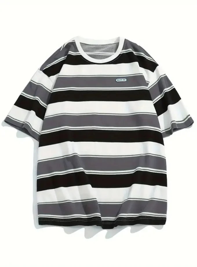 Men's Classic Striped Stylish Casual All-Season Outdoor Comfortable Short Crew Neck All-Winter Wear Cotton Blend T-Shirt