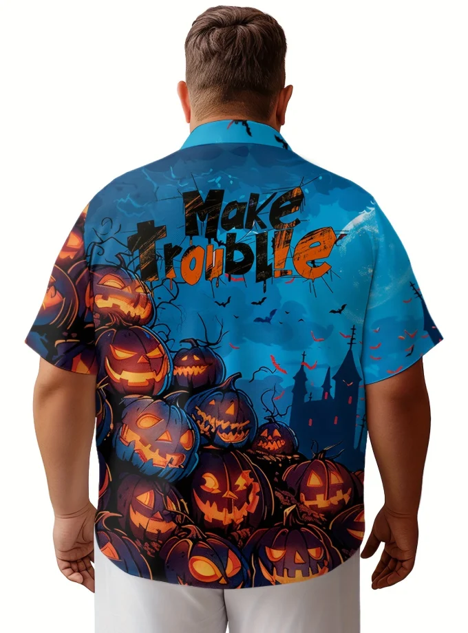 Men's Plus Size Halloween Elements Casual Shirt Pumpkin Drawing Printed Neutral Lightweight Oversized Button Short 3D Breathable