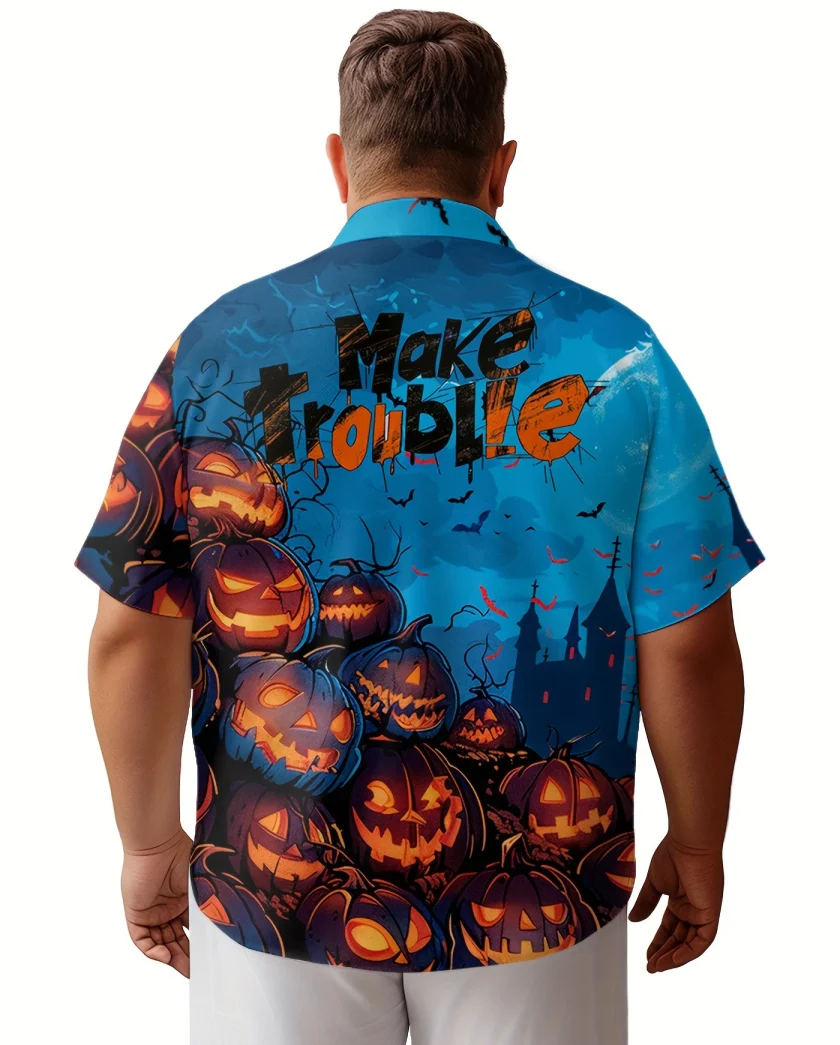 Men's Plus Size Halloween Elements Casual Shirt Pumpkin Drawing Printed Neutral Lightweight Oversized Button Short 3D Breathable - Image 2