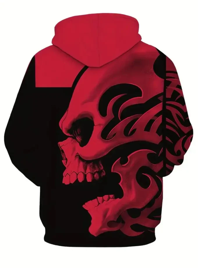 Men's Plus Size 3D Skull Print Hooded Sweatshirt Soft Slight Stretch Polyester Loose Fit Machine Washable Oversized Design Fall