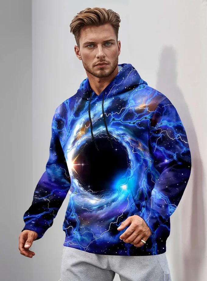 Men's Oversized Pullover Sweatshirt Long Sleeve 3D Galaxy Print Hoodie with Big Pocket Casual Fashion Fabric Material